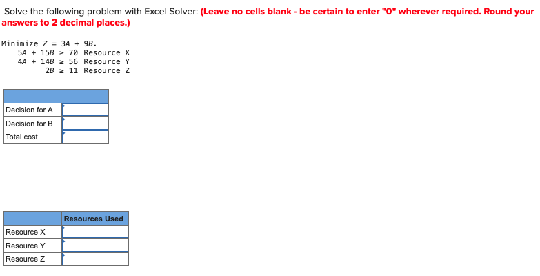 Solve the following problem with Excel Solver: