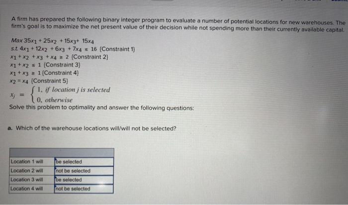 A firm has prepared the following binary integer