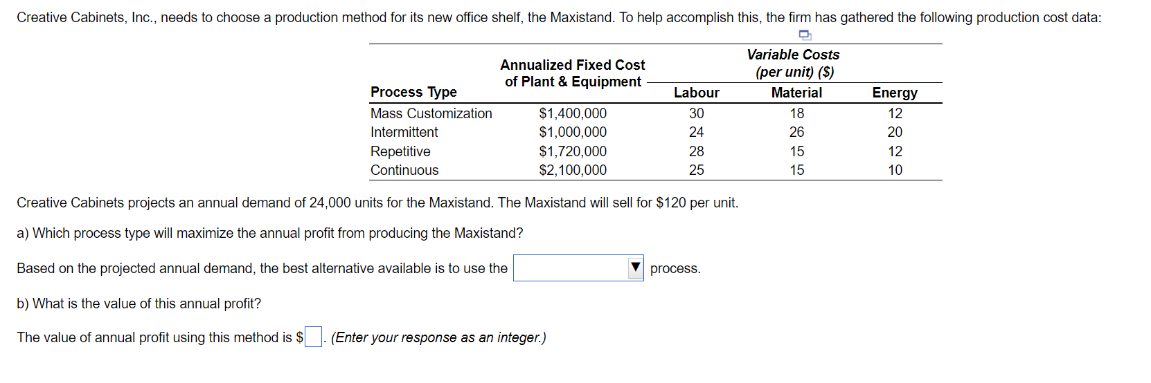 Creative Cabinets, Inc., needs to choose a