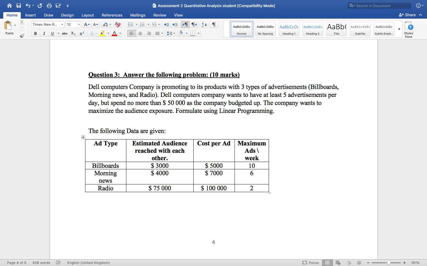 Assessment 2 Quantitative Analysis student