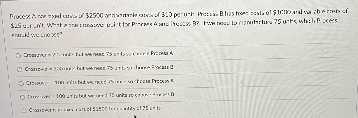 Process A has fixed costs of $2500 and variable