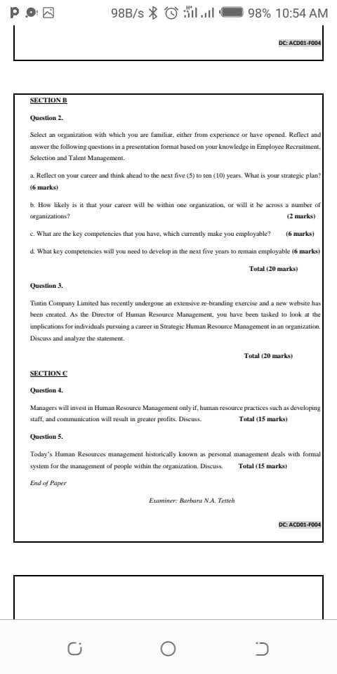 SECTION B 98B/sil.d Question 2. Select an