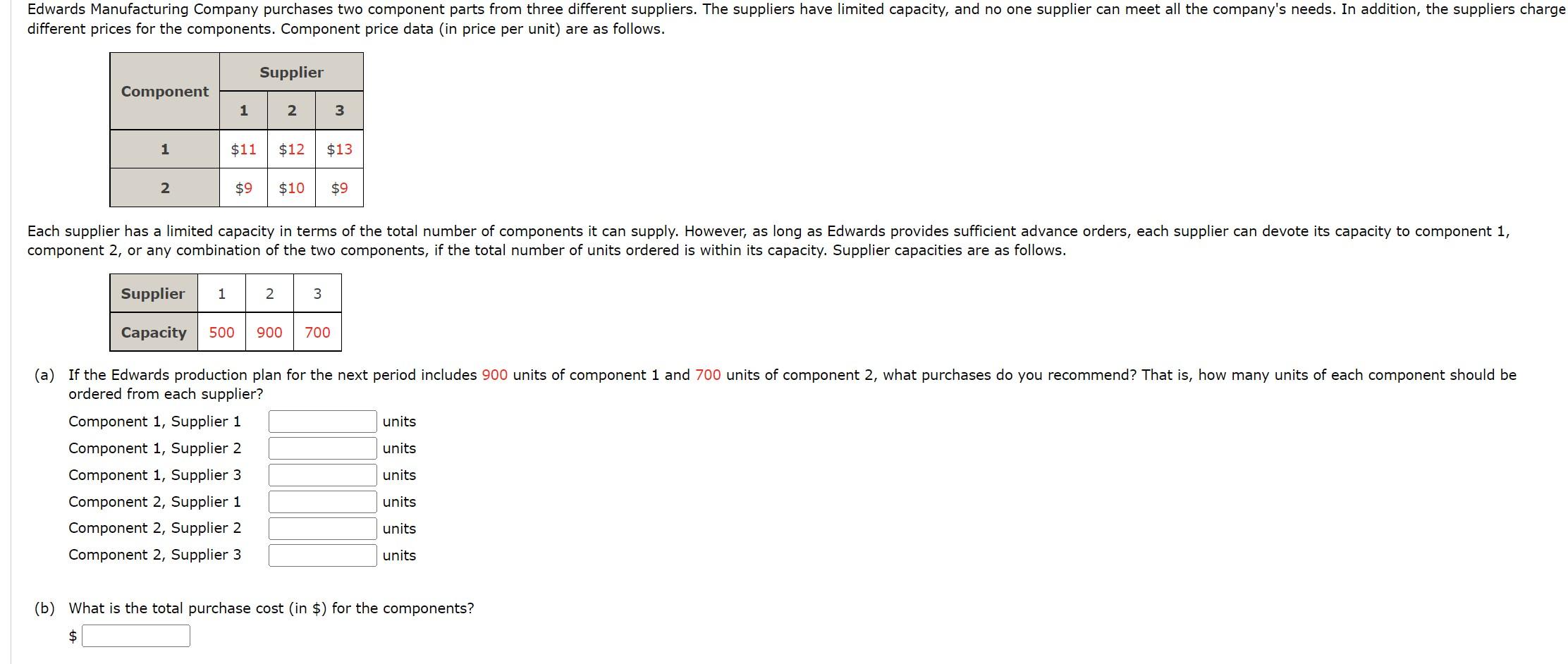 different prices for the components. Component