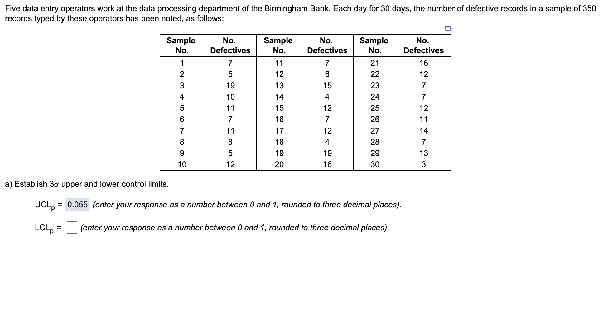 a) Establish 3 upper and lower control limits.