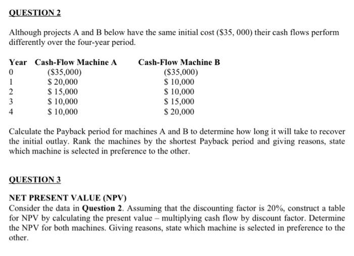QUESTION 2 Although projects A and B below have