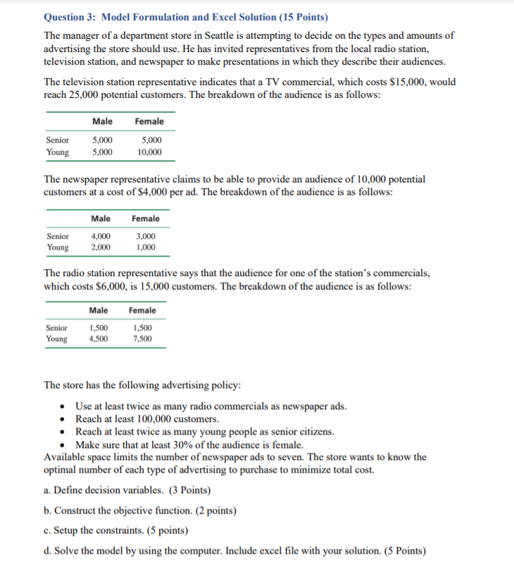 Question 3: Model Formulation and Excel Solution