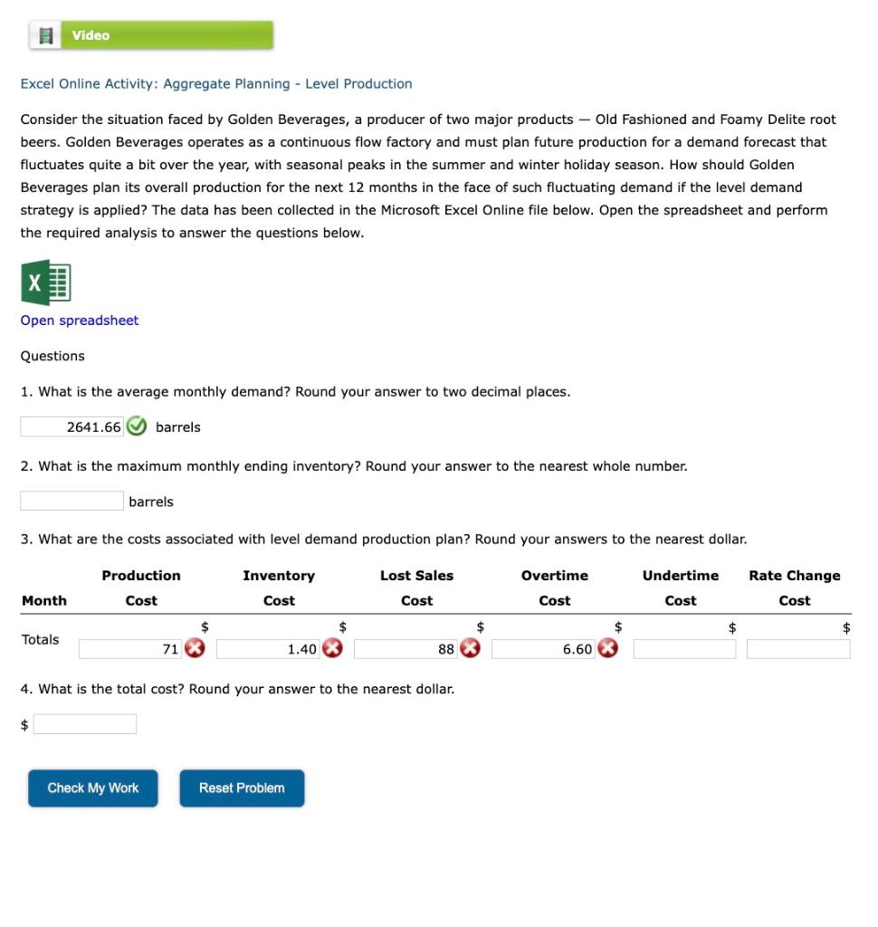 Excel Online Activity: Aggregate Planning - Level
