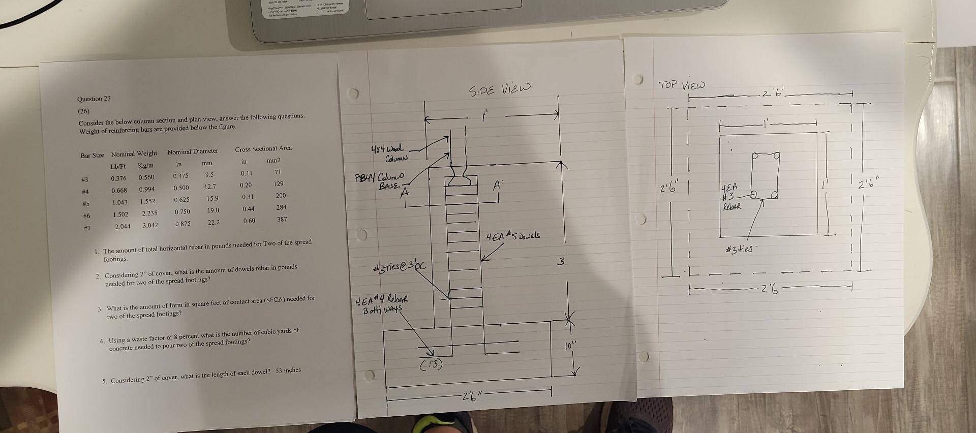 (26) Consider the below column section and plan