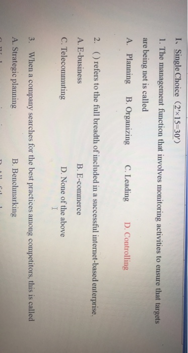 I Single Choice (2'x15=30') 1. The management