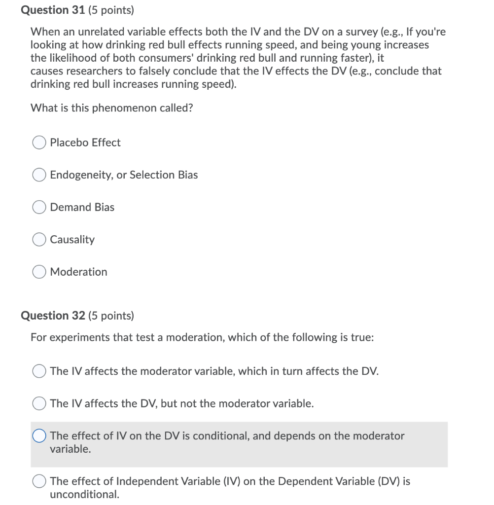 Question 31 (5 points) When an unrelated variable