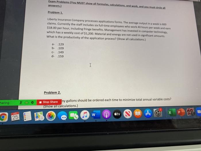 Exam Problems (You MUST show all formulas,