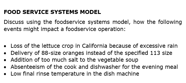 FOOD SERVICE SYSTEMS MODEL Discuss using the
