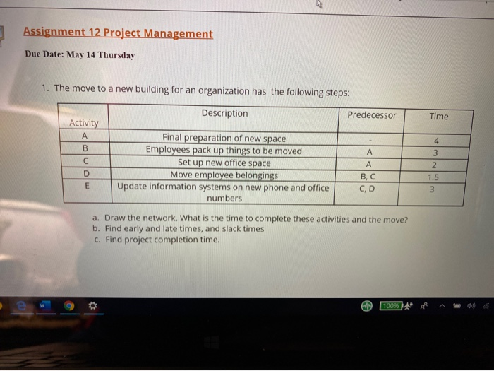 Assignment 12 Project Management Due Date: May 14