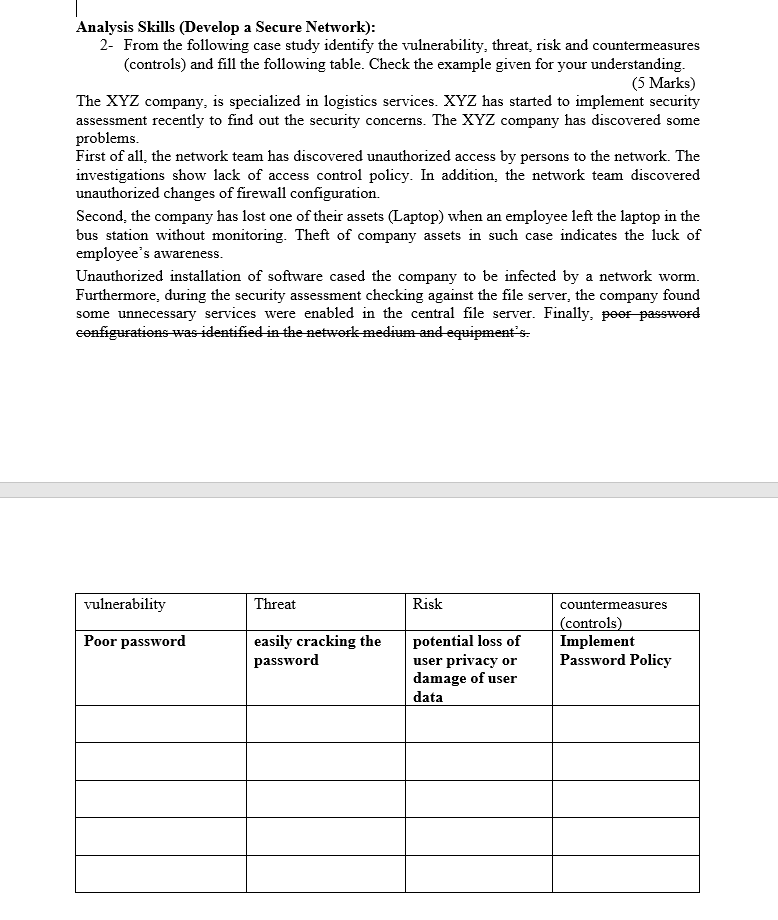 Analysis Skills (Develop a Secure Network): From