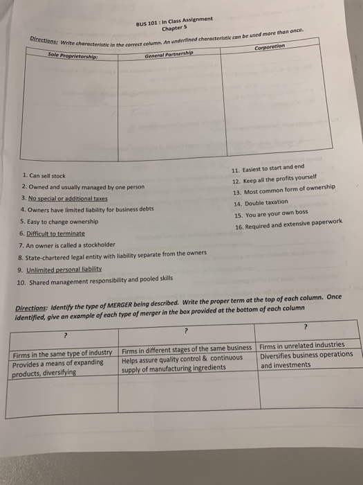 BUS 101 In Class Assignment Chapter 5 Directions