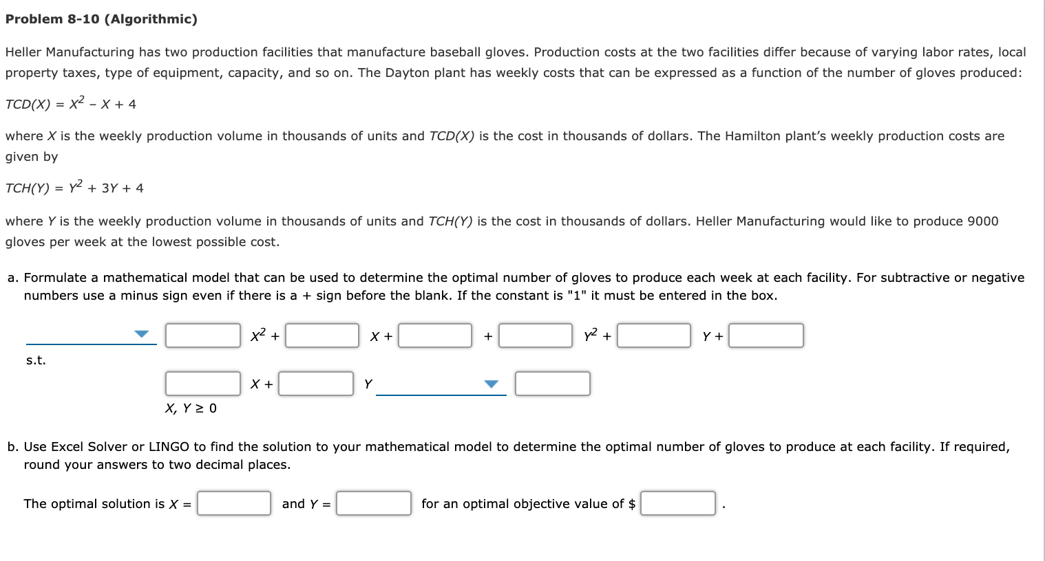 Please use Excel !! Problem 8-10 (Algorithmic)
