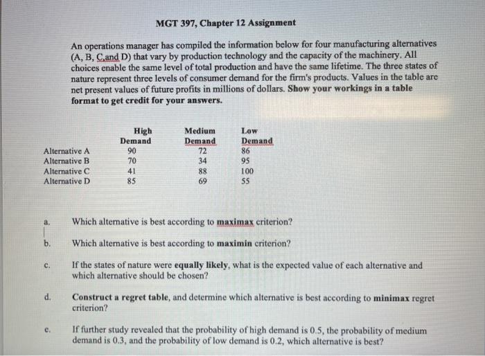 MGT 397, Chapter 12 Assignment An operations