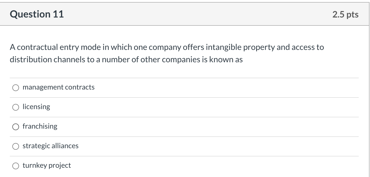 Question 11 2.5 pts A contractual entry mode in