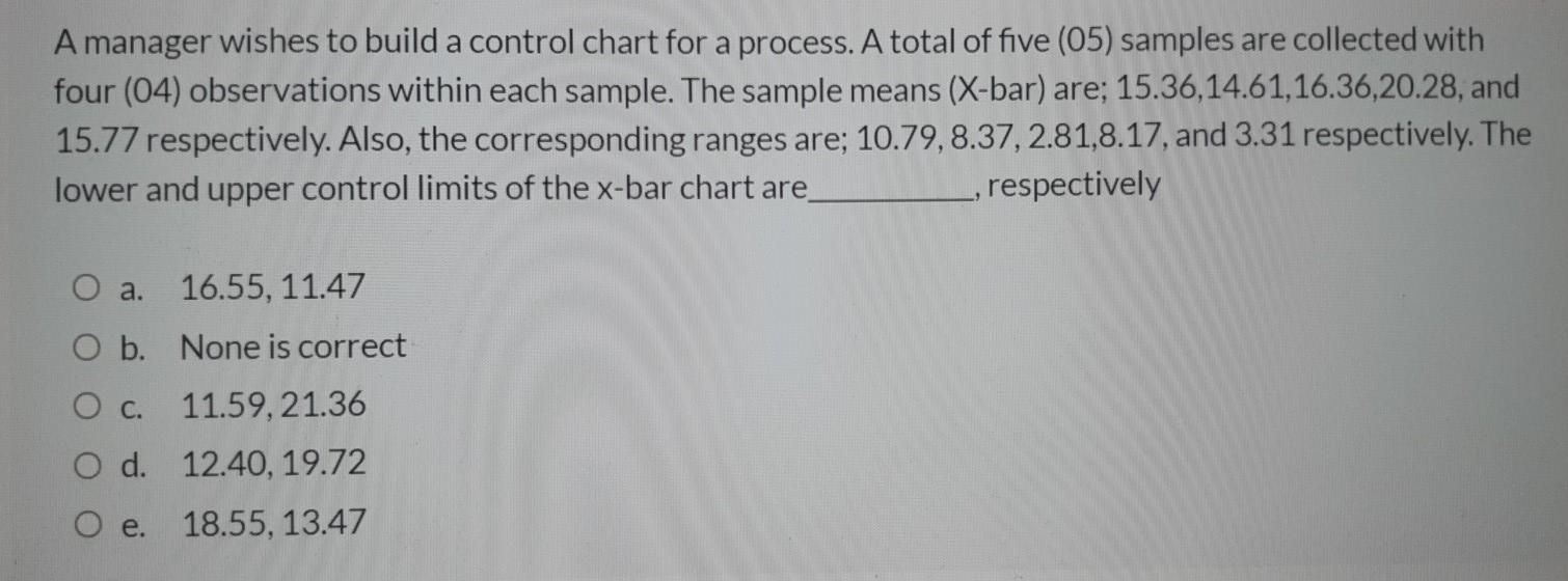 Amanager wishes to build a control chart for a