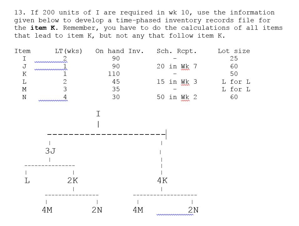 13. If 200 units of I are required in wk 10, use