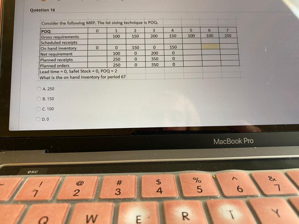 Question 16 4 150 5 100 6 100 7 250 Consider the