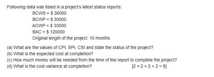 Following data was listed in a project's latest