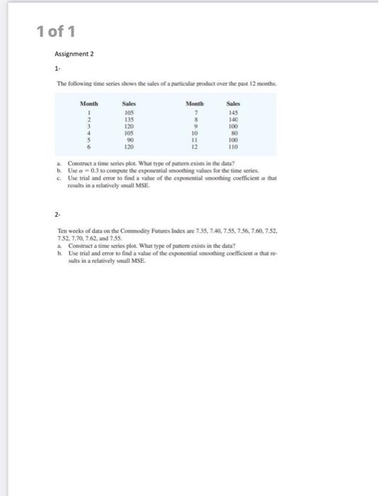 1 of 1 1 Assignment 2 1 The following time series
