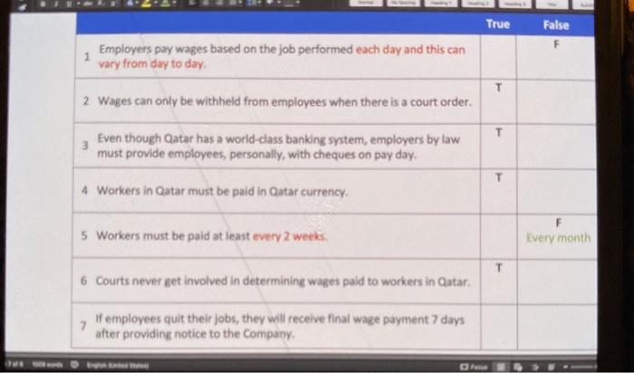 true or false True False F 1 Employers pay wages