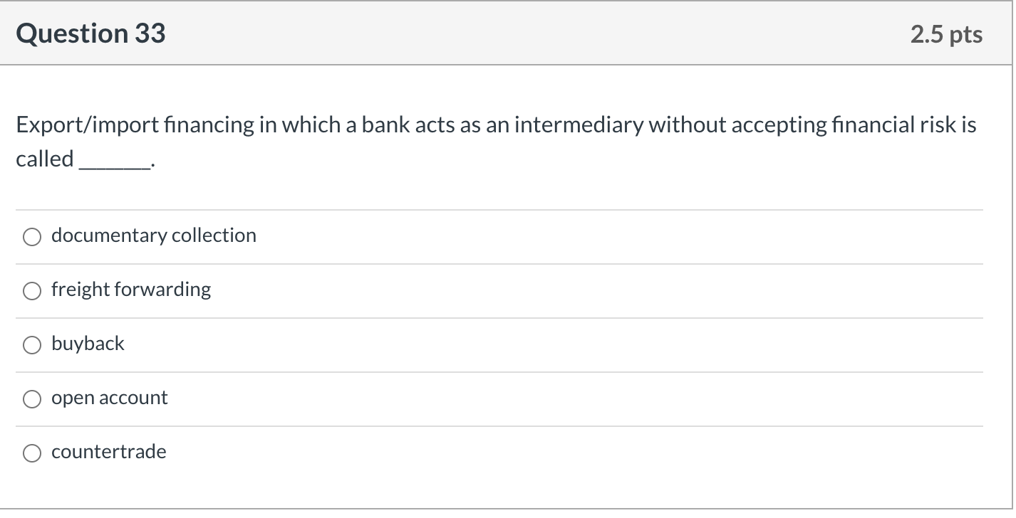 Question 33 2.5 pts Export/import financing in