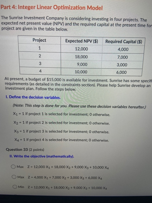Part 4: Integer Linear Optimization Model The