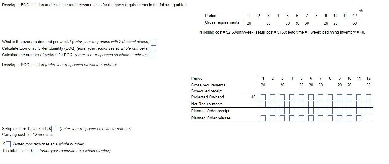 Develop a EOQ solution and calculate total
