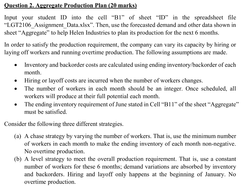 Question 2. Aggregate Production Plan (20 marks)
