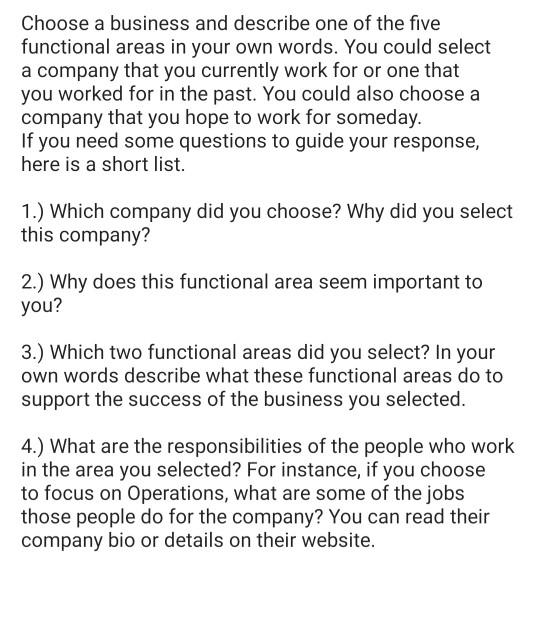 Choose a business and describe one of the five