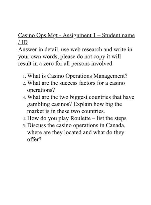 Casino Ops Mgt - Assignment 1 - Student name /ID