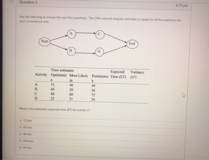 Question 1 0.75 pts Use the following to answer