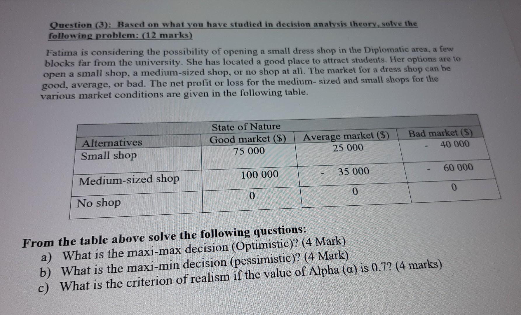 Quantitative Management Question (3): Based on