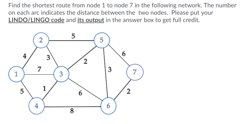 Find the shortest route from node 1 to node 7 in