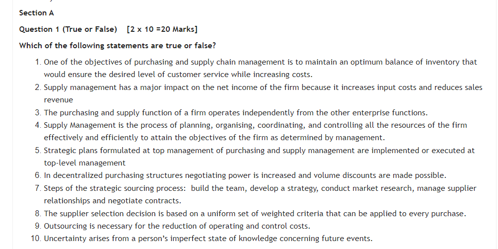Section A Question 1 (True or False) [2 x 10 = 20