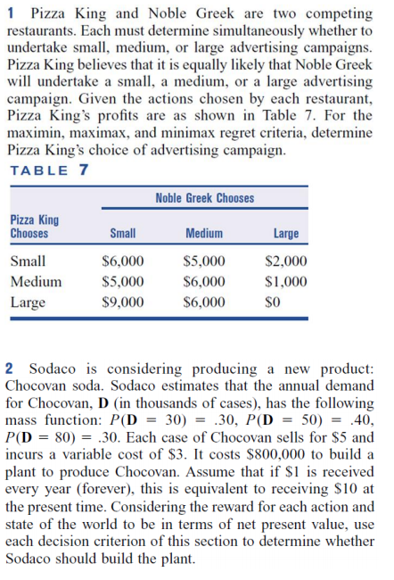 Probabilistic Model 1 Pizza King and Noble Greek