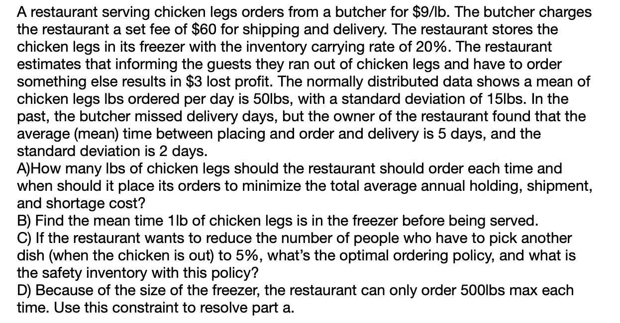 A restaurant serving chicken legs orders from a