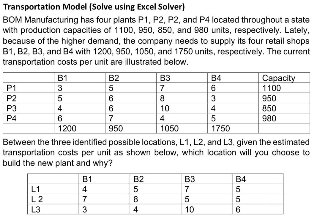 Transportation Model (Solve using Excel Solver)