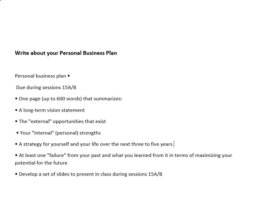 Write about your Personal Business Plan Personal