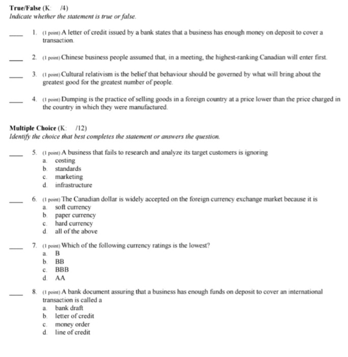 International Business ( True/False ) True/False