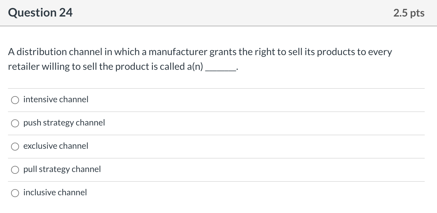 Question 24 2.5 pts A distribution channel in