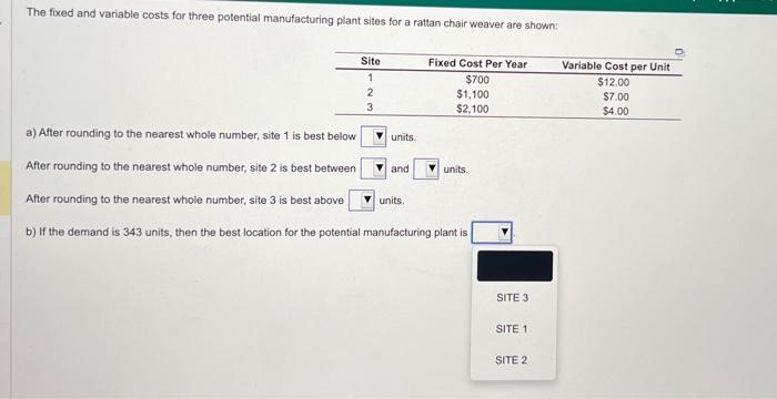 The fixed and variable costs for three potential