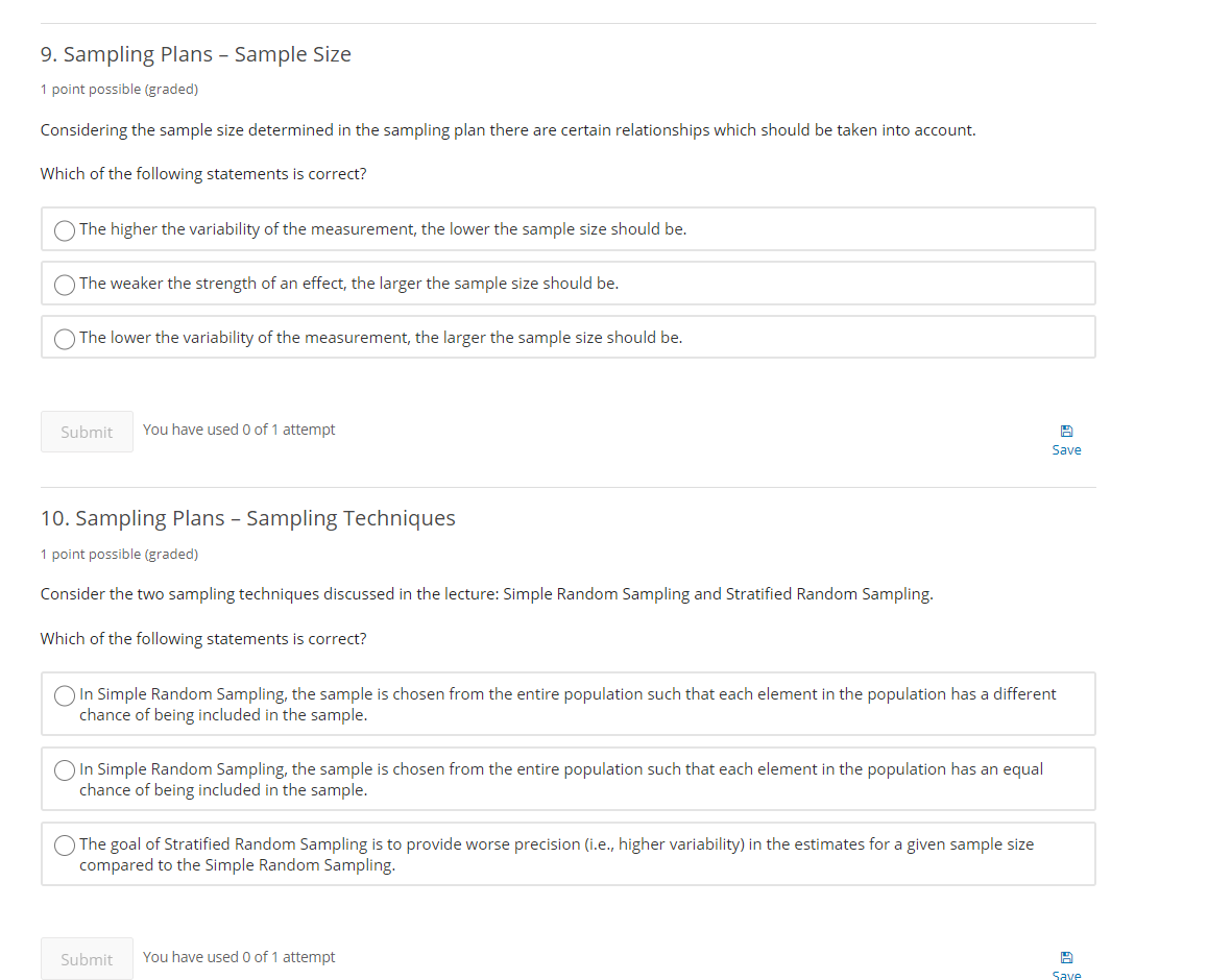 9. Sampling Plans - Sample Size 1 point possible