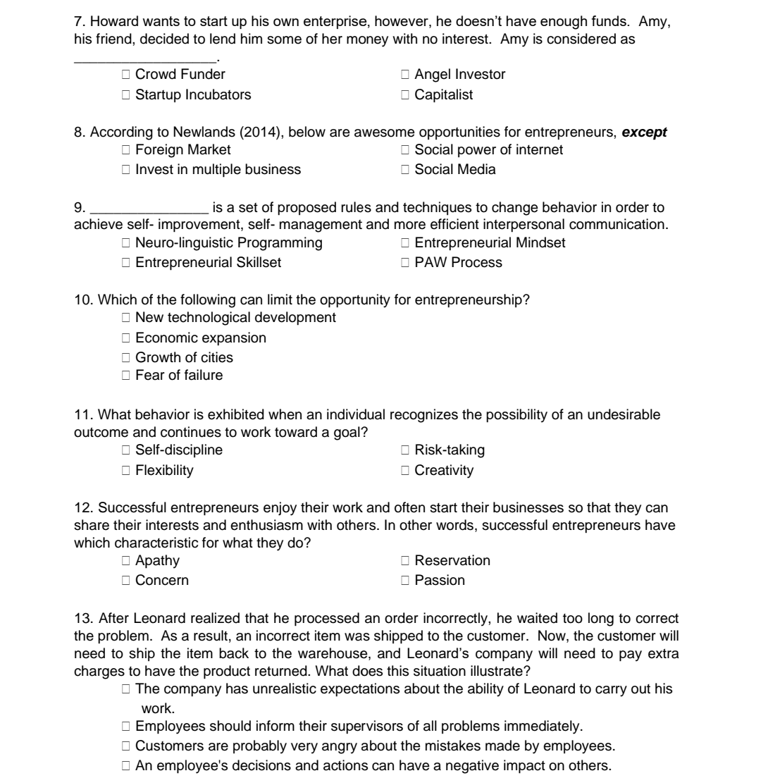 II. MULTIPLE CHOICE: Select the best answer to