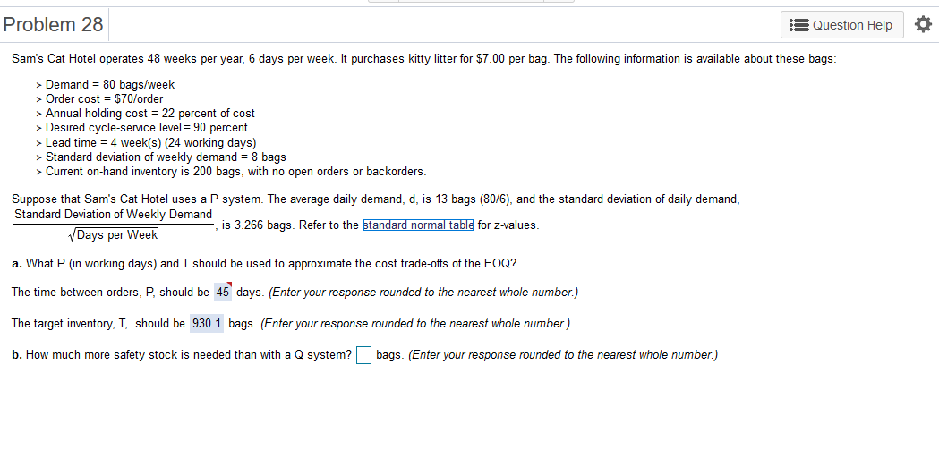 Problem 28 Question Help Sam's Cat Hotel operates