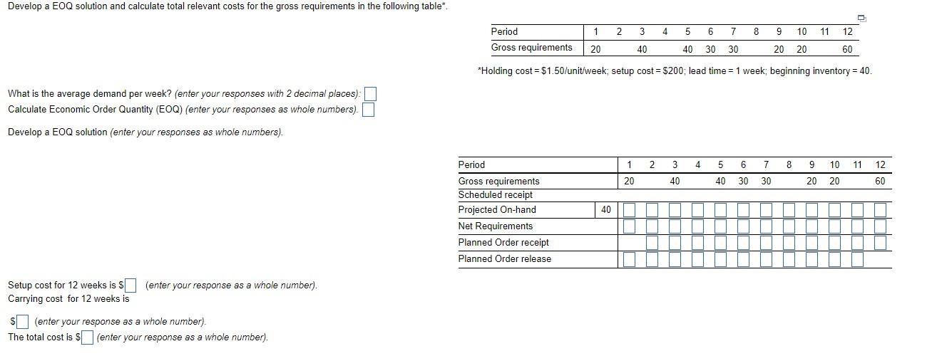 Develop a EOQ solution and calculate total