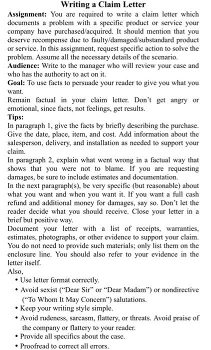 Writing a Claim Letter Assignment: You are